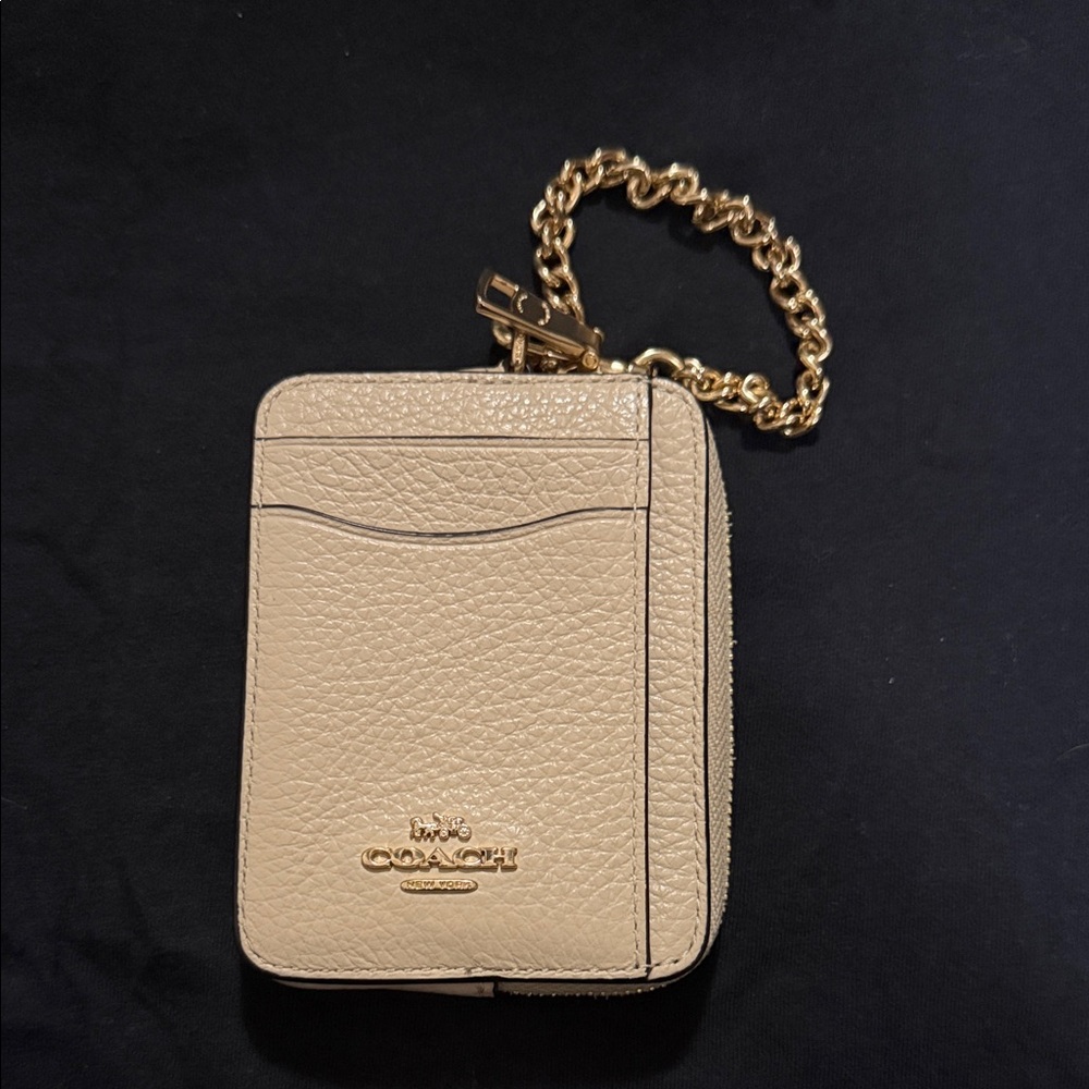 Coach Cream Leather Card Holder with Gold Chain